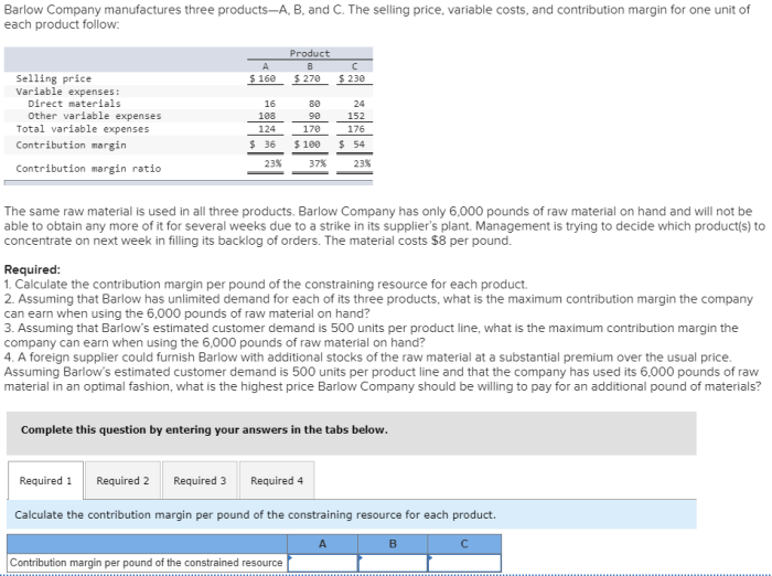 Barlow three variable company contribution costs selling price margin manufactures each has unit material expenses its raw per pound follow